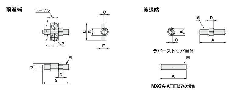 Air slide table MXQ series common adjuster option rubber stopper outline drawing