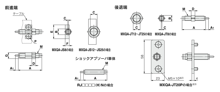 Air slide table MXQ series common adjuster option shock absorber / RJ outline drawing