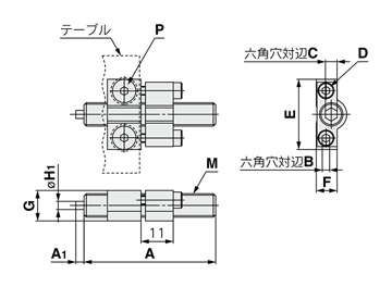 Air slide table MXQ series common adjuster option forward end adjuster axial fixed specification metal stopper with damper external view