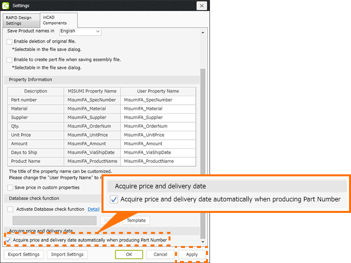 Add a ✔ to 'Acquire price and delivery date automatically when producing Part Number' and 'Apply.'